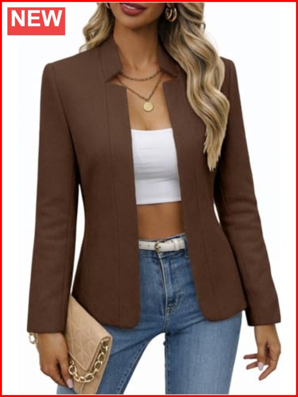 Women's Open Front Tweed Plaid Fitted Blazer Jacket